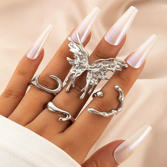 Treasures punk Silver Color Liquid Butterfly Rings Set