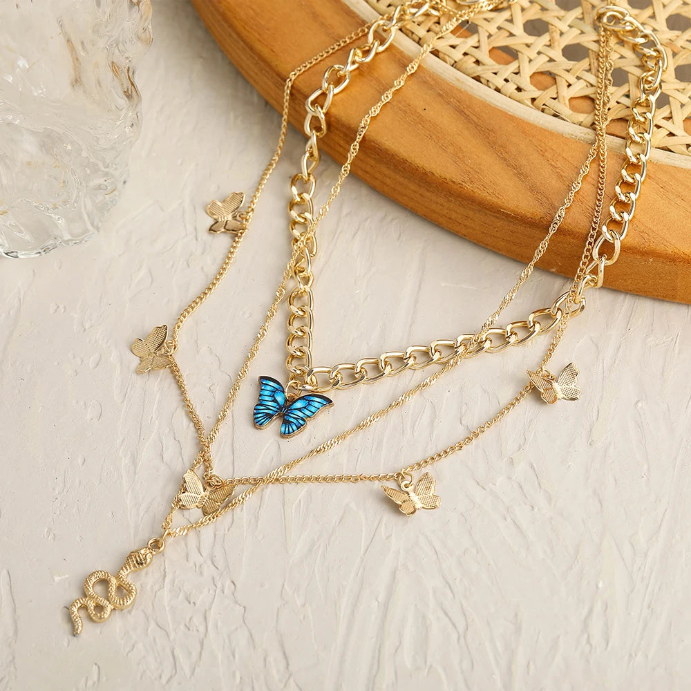 Treasure's Blue Butterfly Snake Necklace 3-piece Set