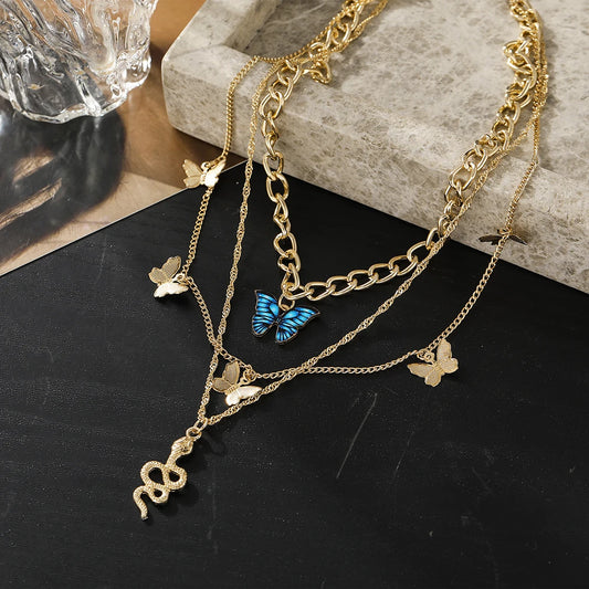 Treasure's Blue Butterfly Snake Necklace 3-piece Set