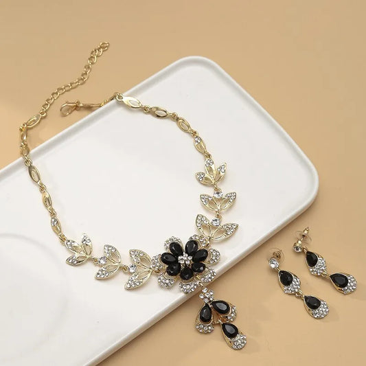 Treasure's Black Crystal Flower Jewelry Set